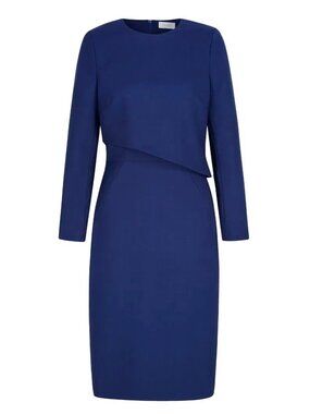 The Fold London Fitzrovia Blue Wool Blend Layered Sheath Dress Long Sleeve UK 14